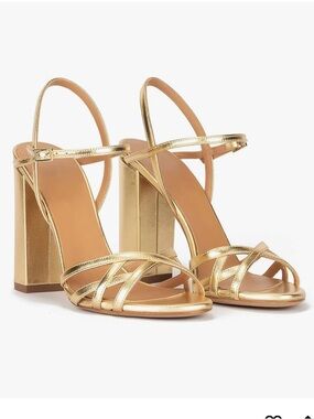 Gold Strappy Block Heel Sandals - Women's Dress Heels